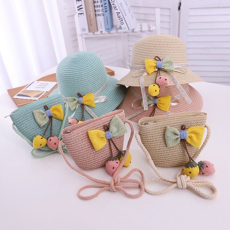 Set mũ cói kèm túi rộng vành chống nắng nơ vàng siêu xinh co bé(2-5tuổi)