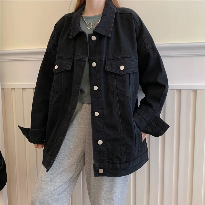 Áo Khoác Bò Denim Áo Jean Dài Tay Màu Đen Nam Nữ Unisex Phong Cách Ulzzang Basic chất loại 1 Quảng Châu