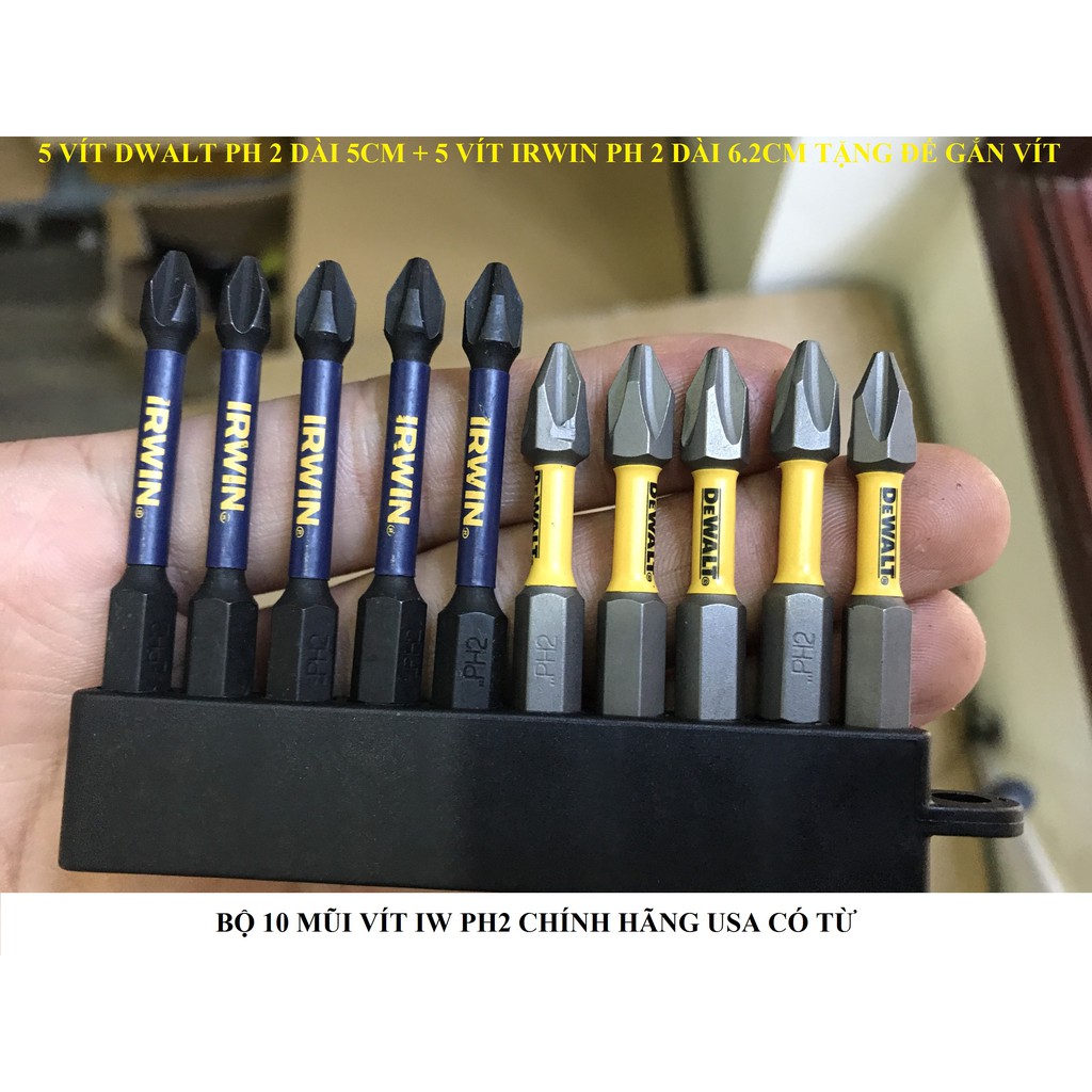 10 Mũi Vít IRWIN + DWALT Chính Hãng Ph2 Tặng đế gắn vít