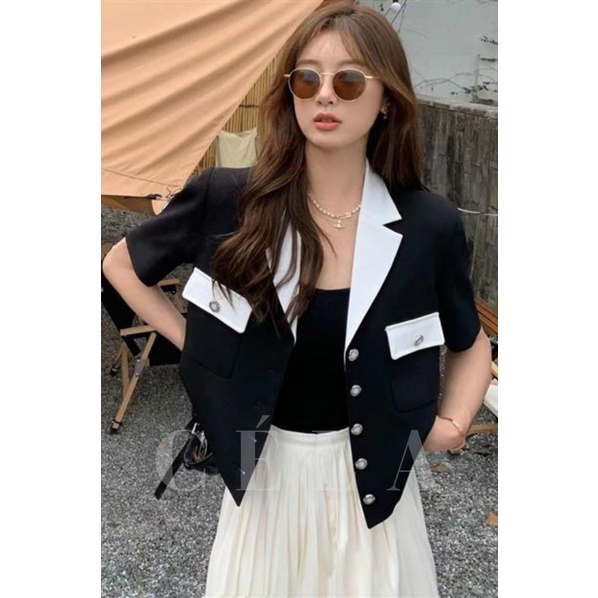 Áo vest nữ phối đen trắng túi hộp tôn dáng sang trọng lịch sự