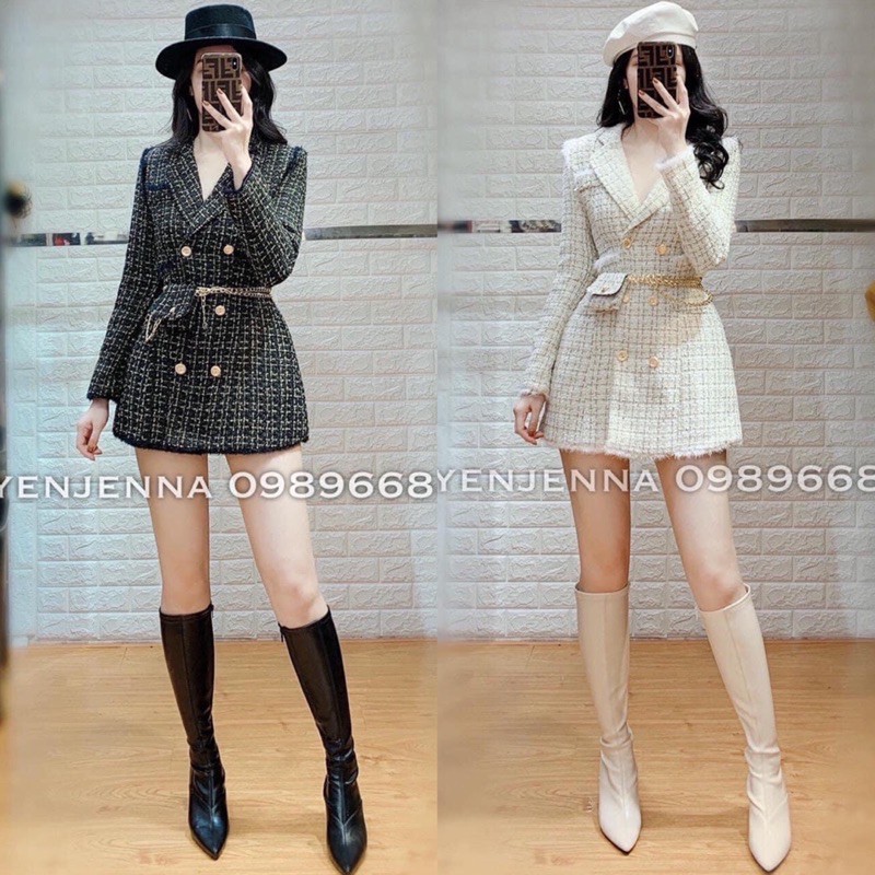 [Siêu Hot] Áo Dạ Kẻ Nhũ Kèm Túi Đai Xích, Áo Dạ Vest 2 Màu Siêu Xinh Có Ảnh Thật Kèm Video