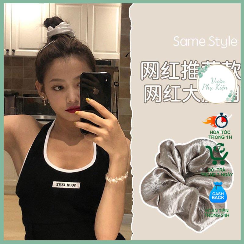 Cột tóc Scrunchies , Dây buộc tóc vải kẻ co giãn thời trang nhiều màu
