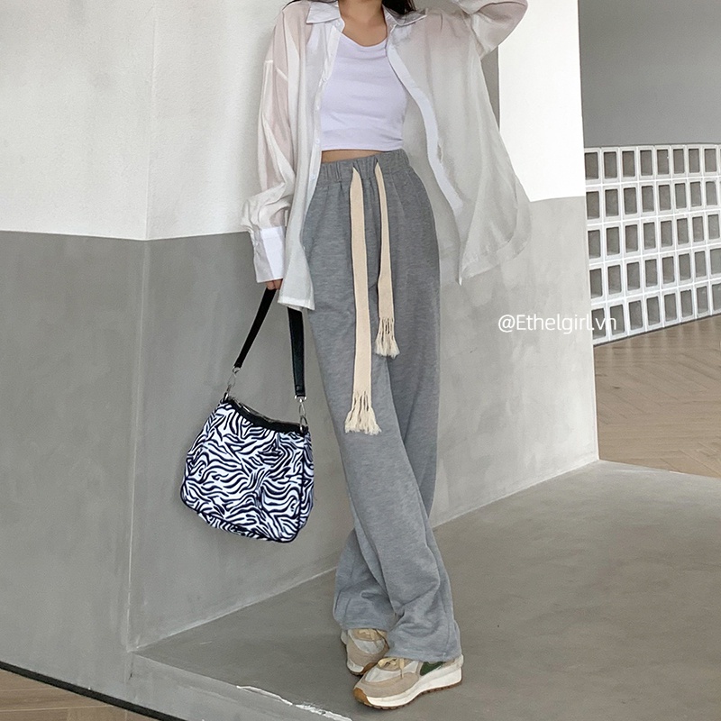 Quần Ống Rộng Lưng Cao Màu Trơn Phong Cách Hàn Quốc Thời Trang Dành Cho Nữ