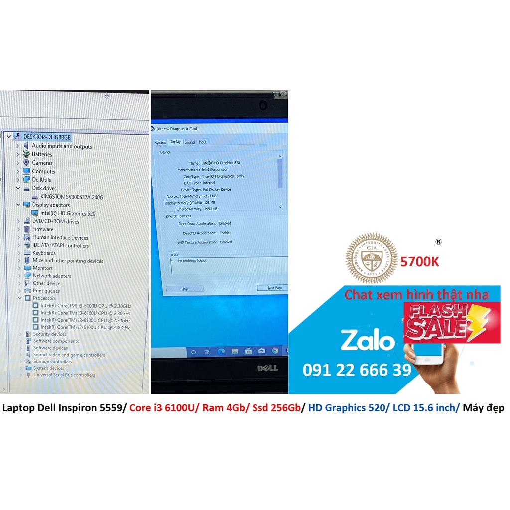 Laptop Dell Inspiron 5559/ Core i3 6100U/ Ram 4Gb/ Ssd 256Gb/ HD Graphics 520/ LCD 15.6 inch/ Máy đẹp | BigBuy360 - bigbuy360.vn