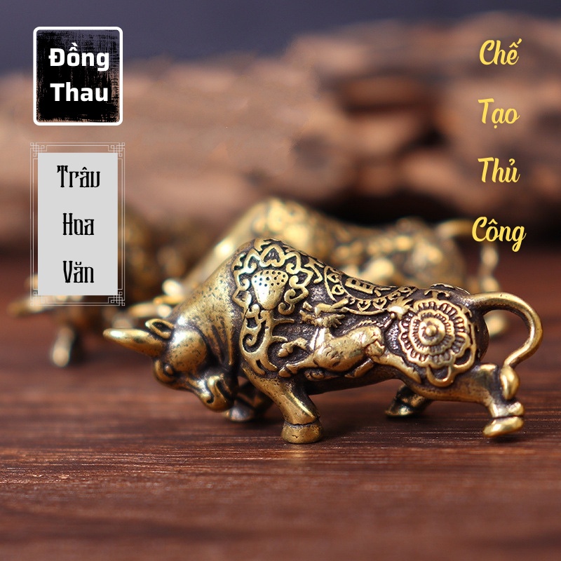 Tượng Trưng Bày Phong Thủy Bằng Đồng Hình Con Trâu Hoa Văn, Trang Trí, Đem Lại May Mắn