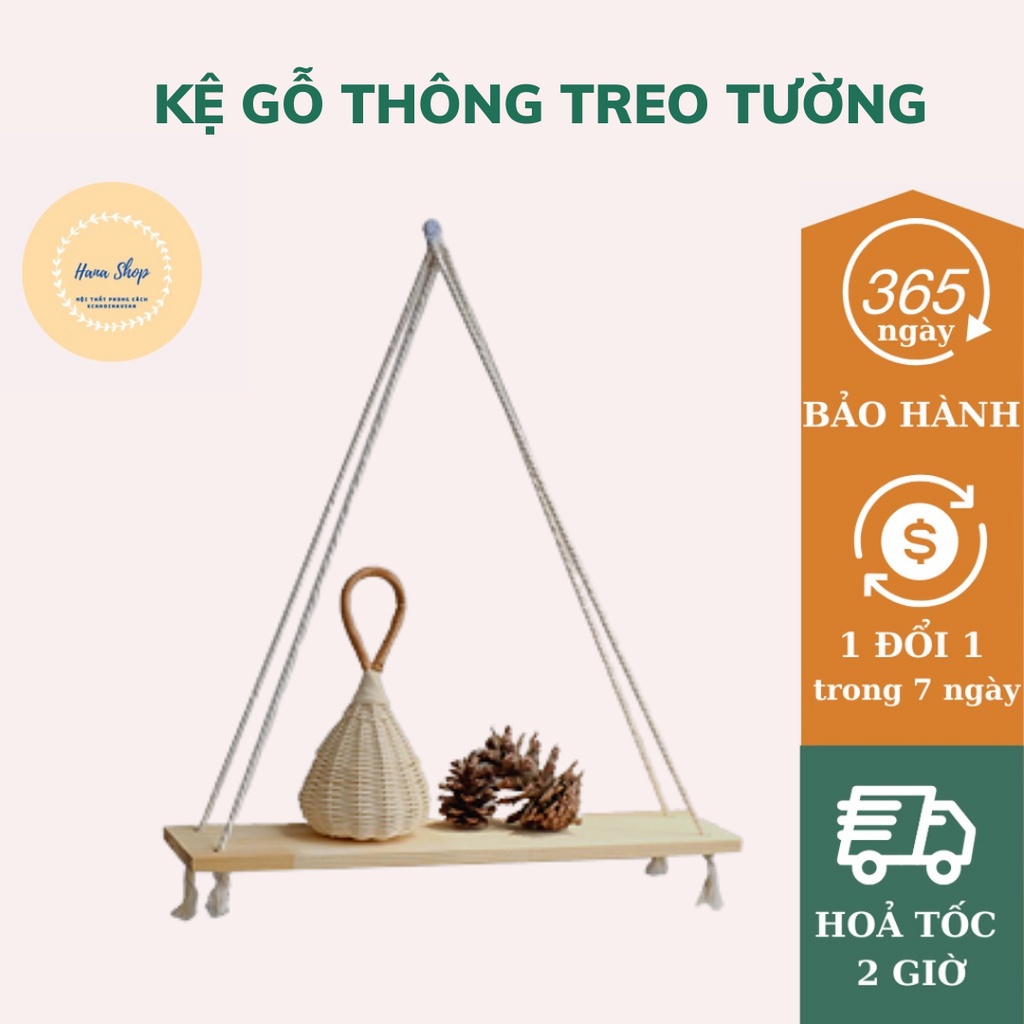 Kệ Gỗ Thông Treo Tường Dây Thừng - Giá Treo Kèm Dây Phong Cách Hàn Quốc - Nhẹ, Nhỏ Gọn - Bảo Hành 6 Tháng Hana Shop