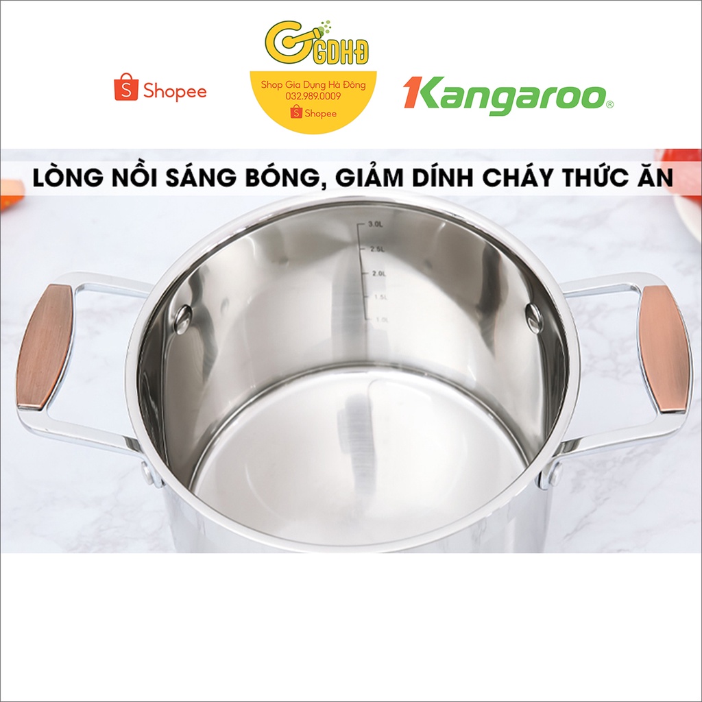 KG3CS222 - Nồi inox cao cấp 22cm  5 lớp kangaroo, quai inox đinh tán sáng bóng gắn siêu chắc, nồi có thang chia nước
