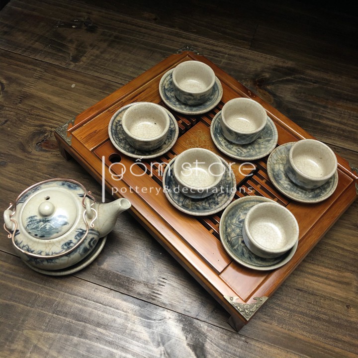 Ấm chén Bát Tràng men rạn giả cổ dáng hồng vẽ sơn thủy (Không kèm khay ấm trà như hình) | BigBuy360 - bigbuy360.vn