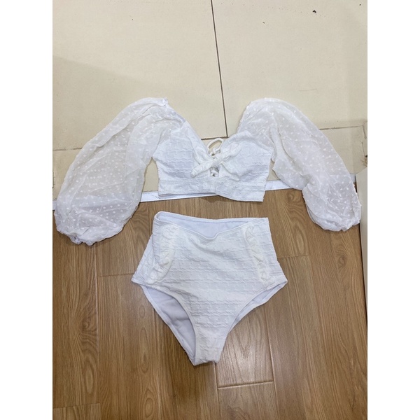 Bộ bơi nữ , bikini 2 mảnh tay bèo nơ ngực trắng