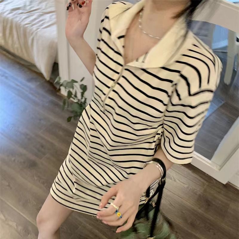 COZOK Đầm Ngắn Tay Dáng Rộng Cổ Bẻ Kẻ Sọc Xinh Xắn Thời Trang Cho Nữ