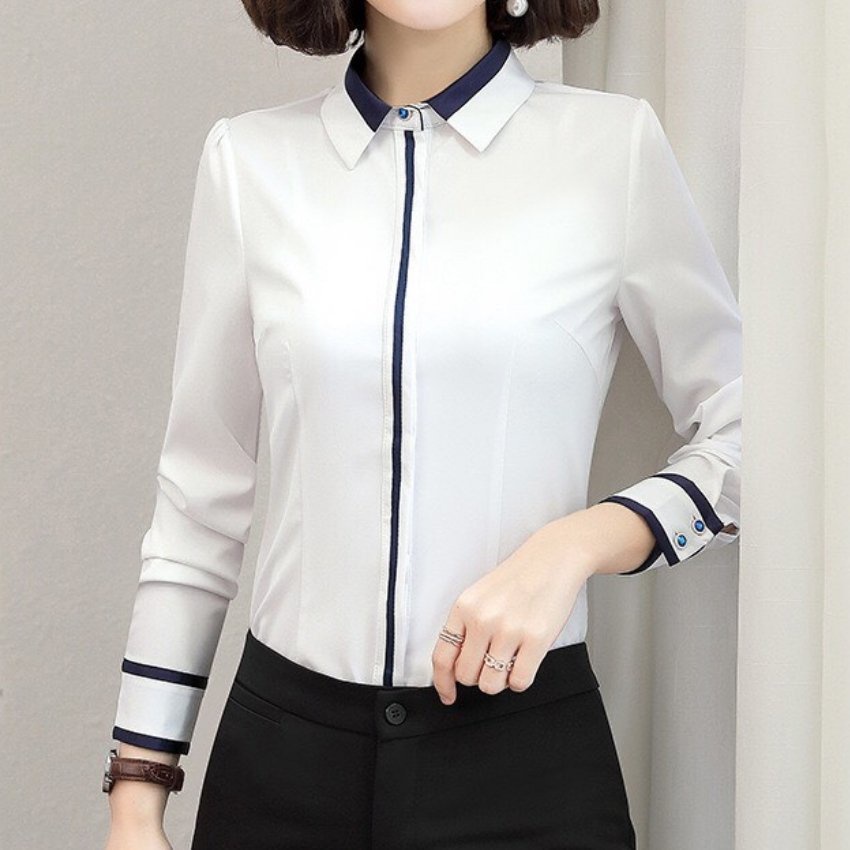 Áo Sơ Mi Nữ Công Sở Phối Viền Nẹp 2 Khoanh Tay Thời Trang ERINA Chất Kate Mềm Mịn,Thoáng Mát
