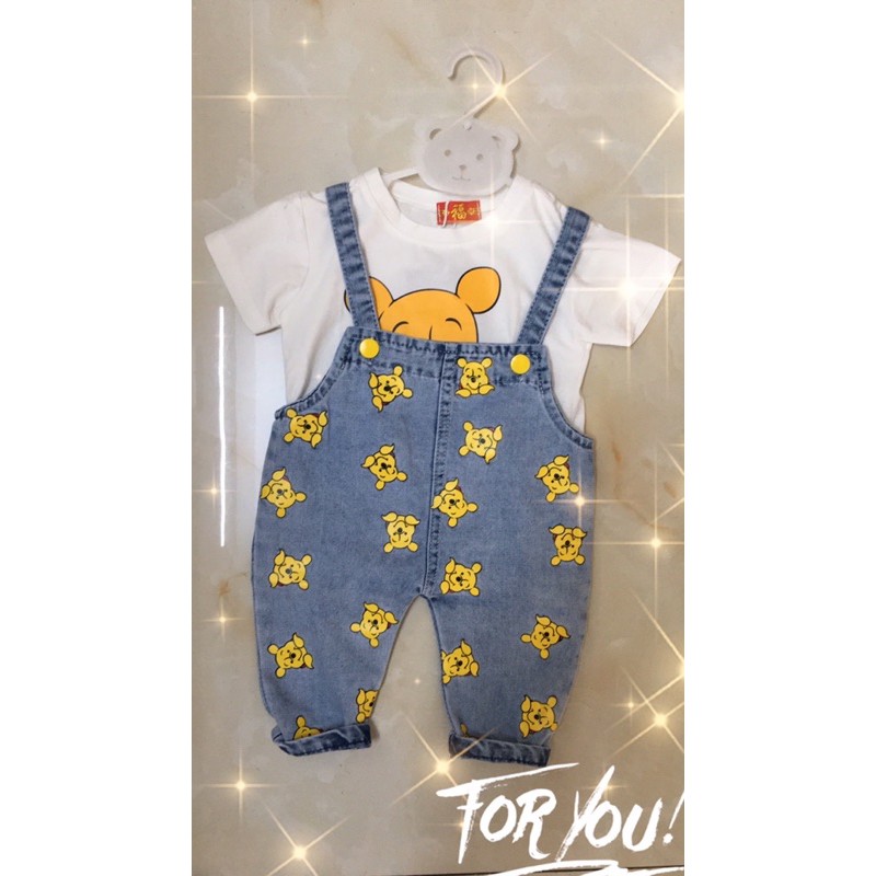 Set yếm jean áo thun cotton in hình gấu 🐻 bé gái 👧