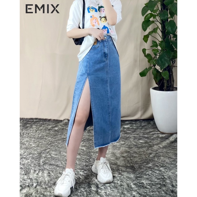 Chân váy jean xẻ chân EMIX (2 màu), dáng dài, 1 lớp, cạp cao, dài 78cm, chất jean mềm mịn đứng dáng, xẻ chân cuốn hút