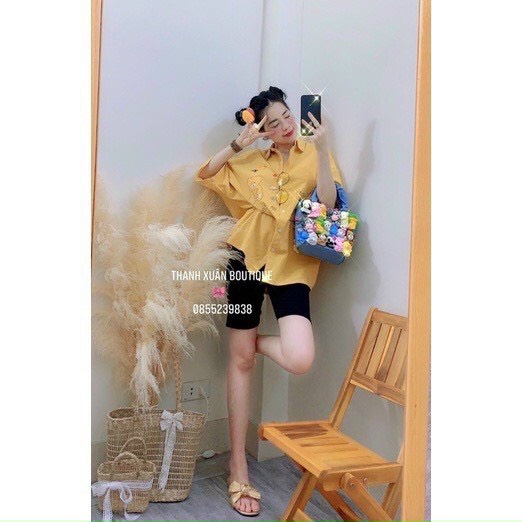 Sét bộ áo sơ mi form rộng tay lỡ in hình gấu tim kèm quần ngố trơn cực xinh , chất kate mềm mịn