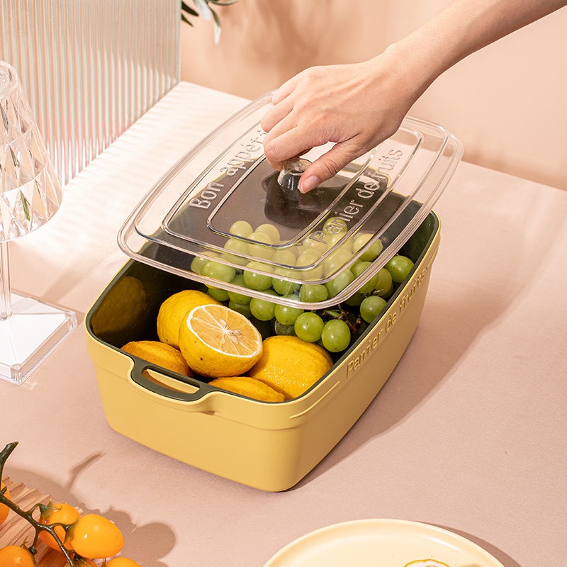 Rổ Nhựa Hai Lớp Ráo Nước Có Nắp Đậy Dùng Đựng Trái Cây/Rau Củ Trong Tủ Lạnh