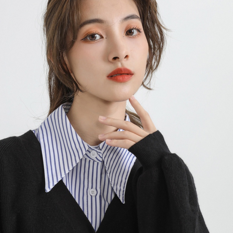 Xiangbao Áo Crop Top Giả Cổ Bẻ In Họa Tiết Sọc Xanh Dương Phong Cách Vintage Có Thể Tháo Rời Cho Nữ Ac