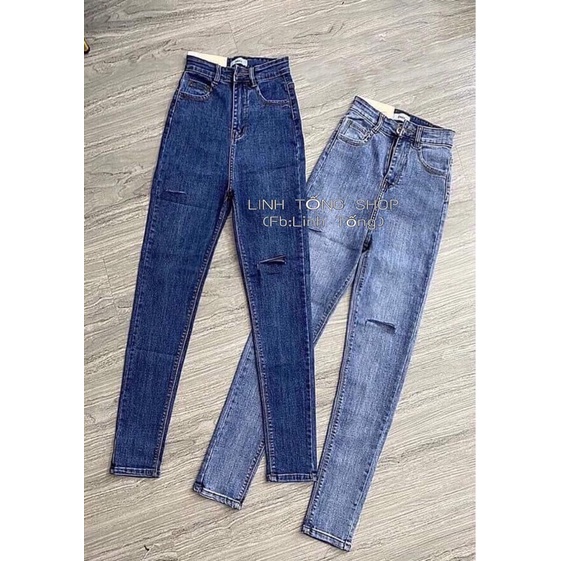 Quần dài jeans nữ bigsize màu Xanh Đậm/Xanh Nhạt Rách - Co Giãn Mạnh - Lưng Siêu Cao