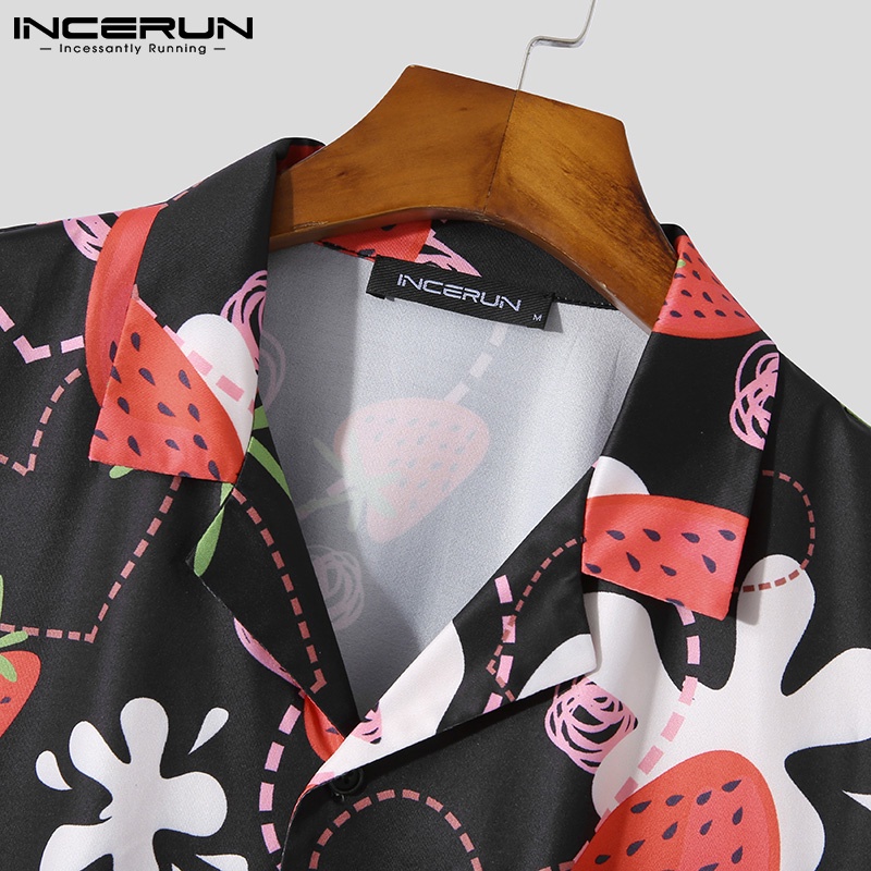 Áo sơ mi INCERUN croptop ngắn tay dáng rộng in hình dâu tây thời trang mùa hè cho nam