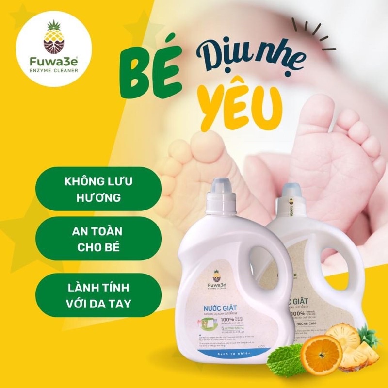 Nước giặt Fuwa3e hữu cơ organic từ Enzyme sinh học 4L, 1L an toàn cho bé, giặt đồ lót