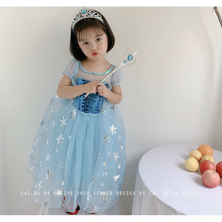 Váy đầm công chúa Elsa bé gái + vương miện + đũa thần