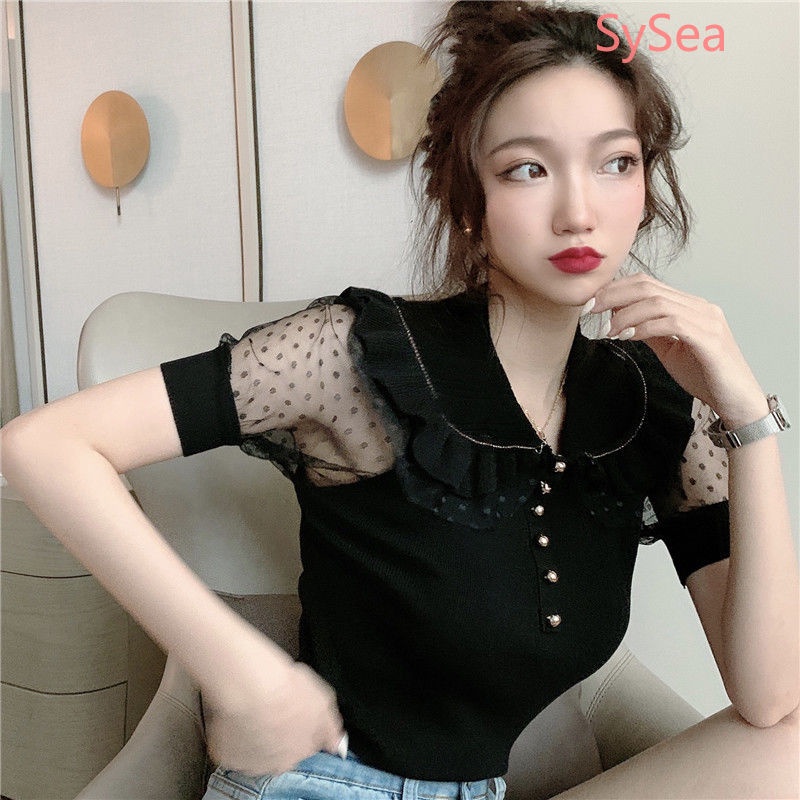 Áo Dệt Kim Cổ Búp Bê Phối Lưới Thời Trang Mùa Hè Cho Nữ