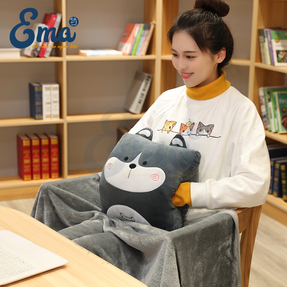 Bộ chăn gối văn phòng 3 trong 1 hình thú EMA dễ thương kèm gối luồn tay giữ nhiệt - Tựa lưng - Ngủ trưa - Gối ôm