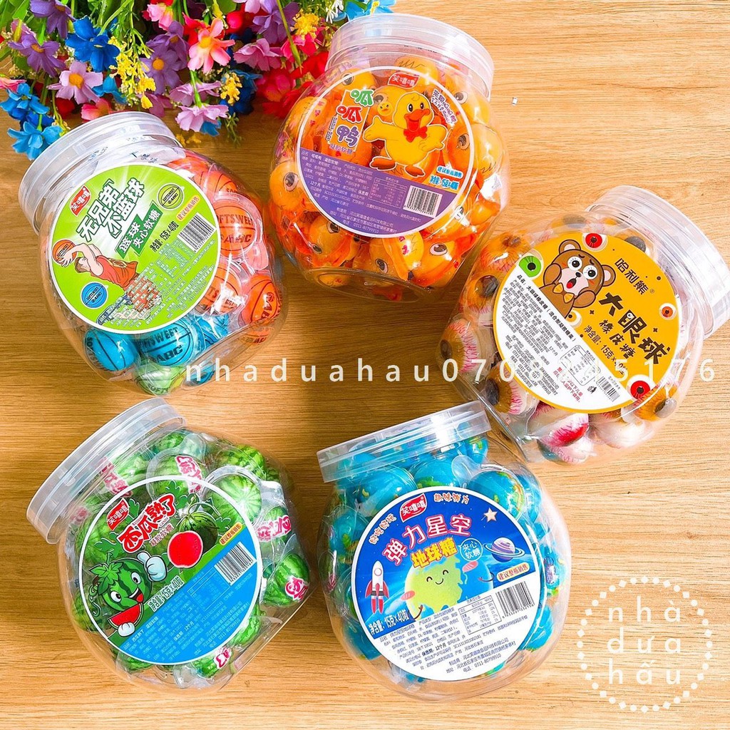 Một hủ kẹo dẻo viên/ kẹo dẻo jelly hình quả địa cầu/quả banh/ con mắt Maiorli Hongkong viên 15g