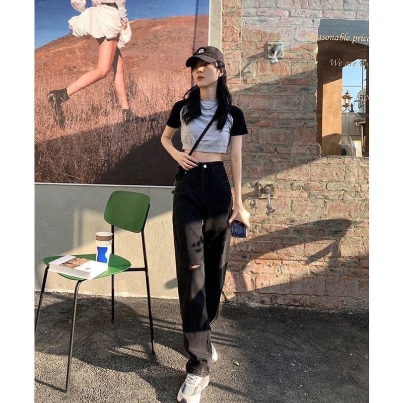 Quần jeans suông ống rộng đen nữ phong cách hàn quốc 2022