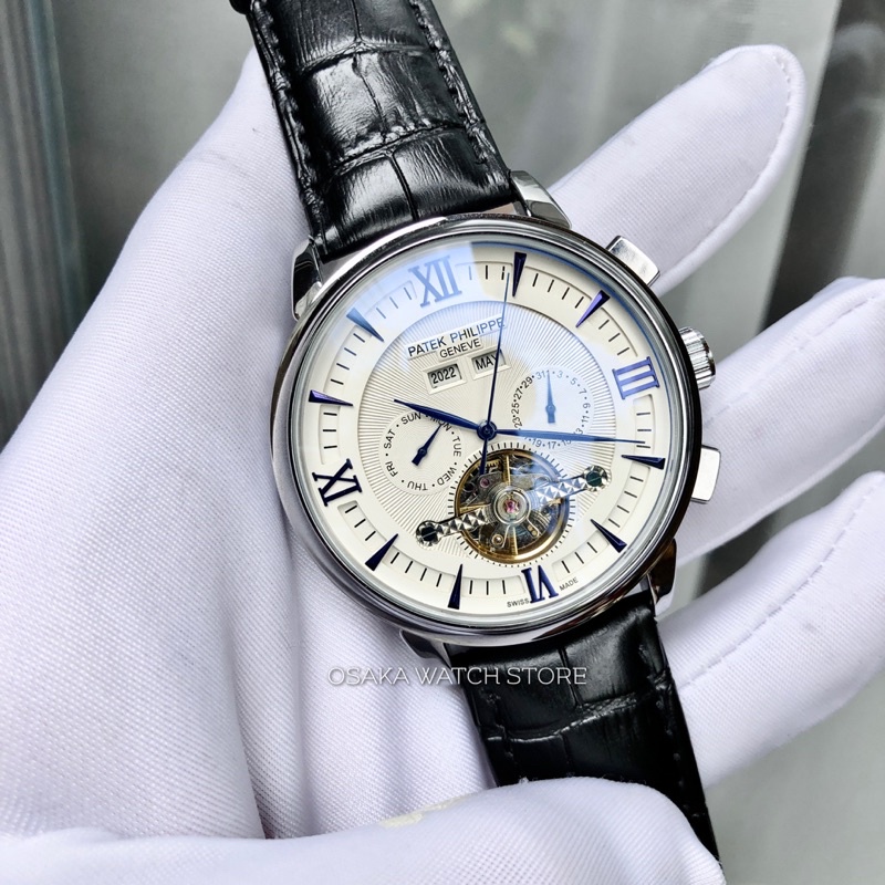 Đồng Hồ Nam Cơ Automatic Patek PT58152 4 Lịch Dây Da Hàng Chuẩn Cao Cấp - Màu Trắng Kim Xanh