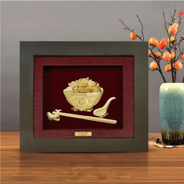 Tranh Vàng 24K PRIMA ART - Chén Cơm Vàng Sung Túc Tài Lộc - Size 18 x 20 cm - CGS-0264-13