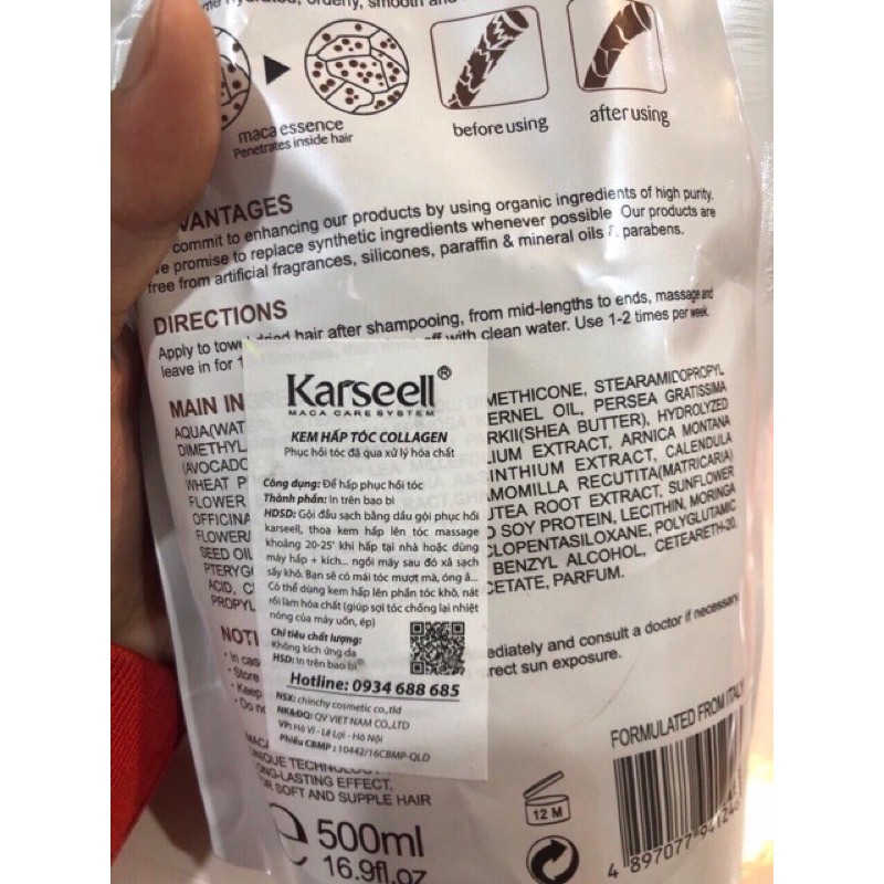 Ủ tóc collagen Karseell Macca phục hồi tóc siêu mượt 500ml,kem hấp ủ tóc collagen Karseell , dầu ủ tóc collagen Karseell