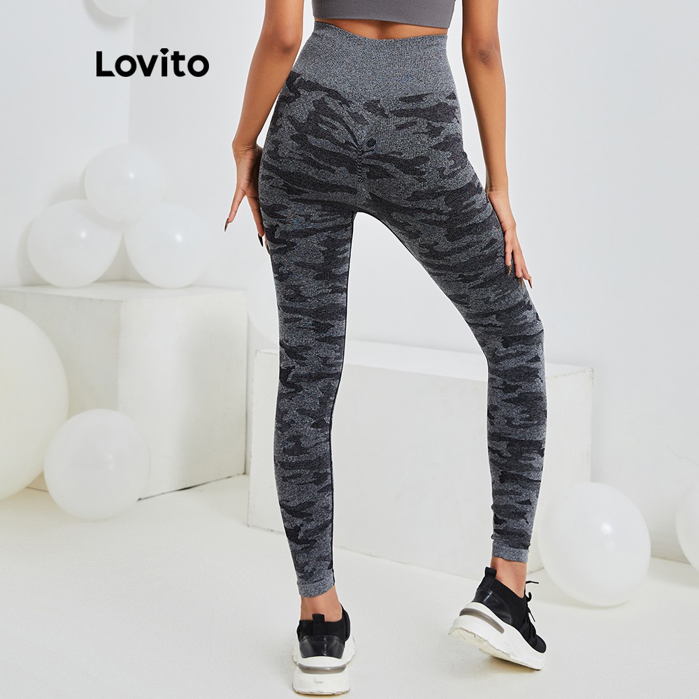 Quần thể thao Lovito không đường may dáng ôm độ co giãn cao họa tiết rằn ri L13X087 (Màu đen)