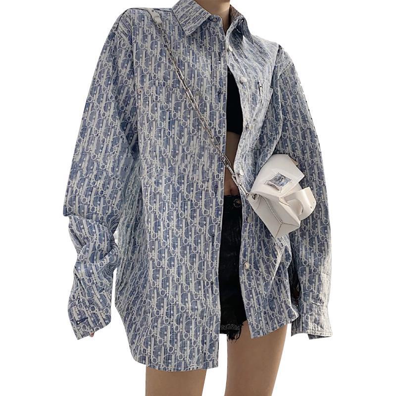 Áo Sơ Mi Tay Dài In Chữ Màu Xanh Dương Phong Cách Hong Kong Thời Trang Xuân Thu 2022 Mới Cho Nữ