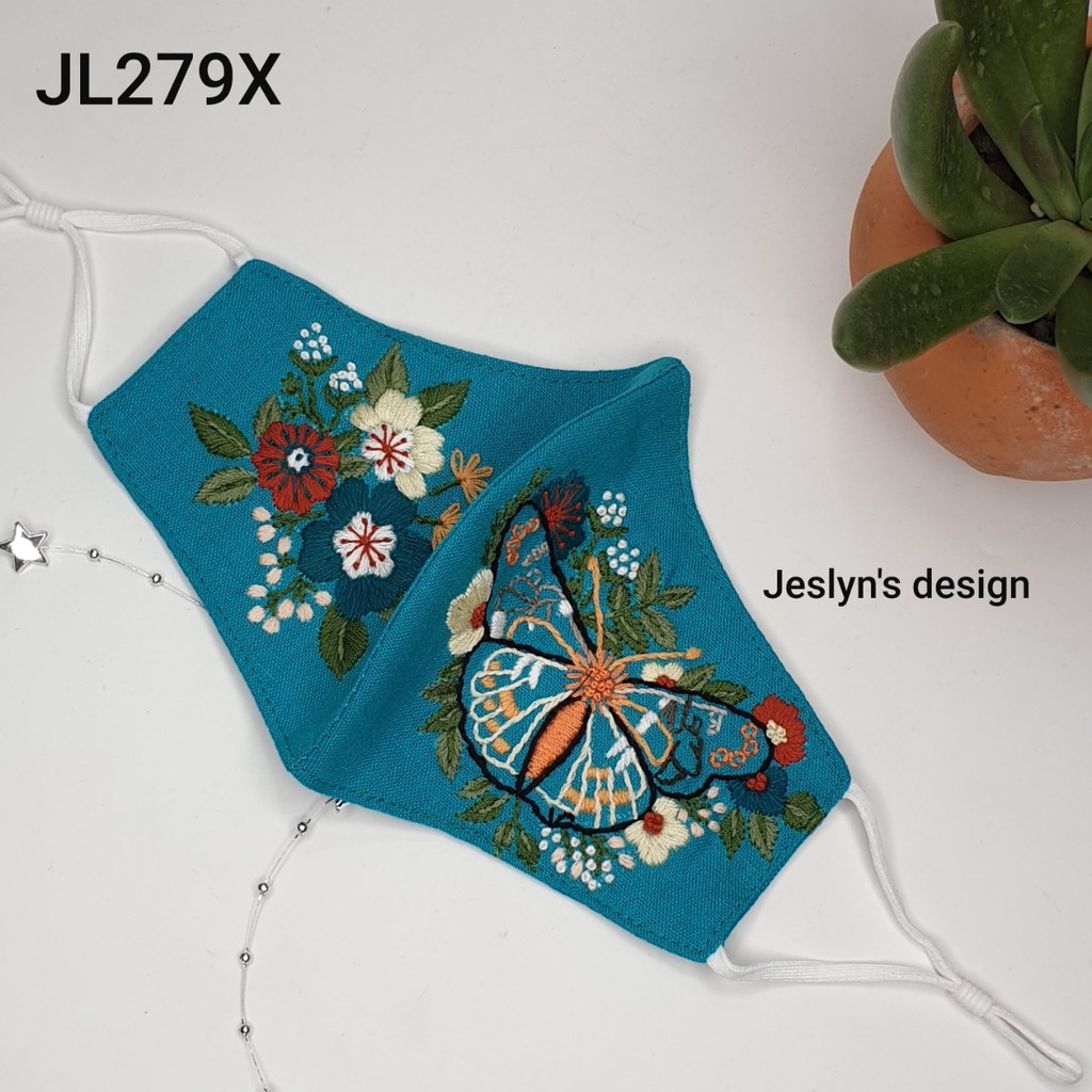 Khẩu trang thêu tay vải linen bươm bướm và hoa JL279X-Hand embroidered masks | BigBuy360 - bigbuy360.vn