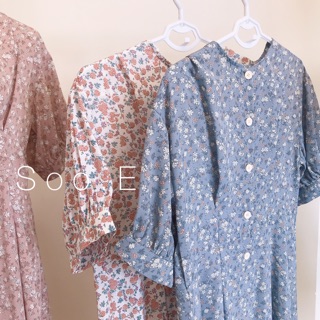 Đầm hoa vintage, nút ngực (Hồng đất, Xanh dương, Trắng)