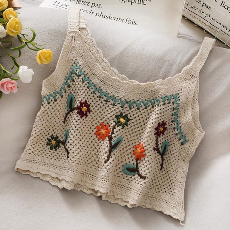 Áo Croptop Dệt Kim Hai Dây Thêu Hoa Gợn Sóng Phong Cách Vintage Cho Nữ