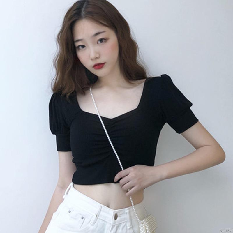 Áo Thun Tay Ngắn Cổ Vuông Màu Trơn Thiết Kế Đơn Giản Phong Cách Hàn Quốc