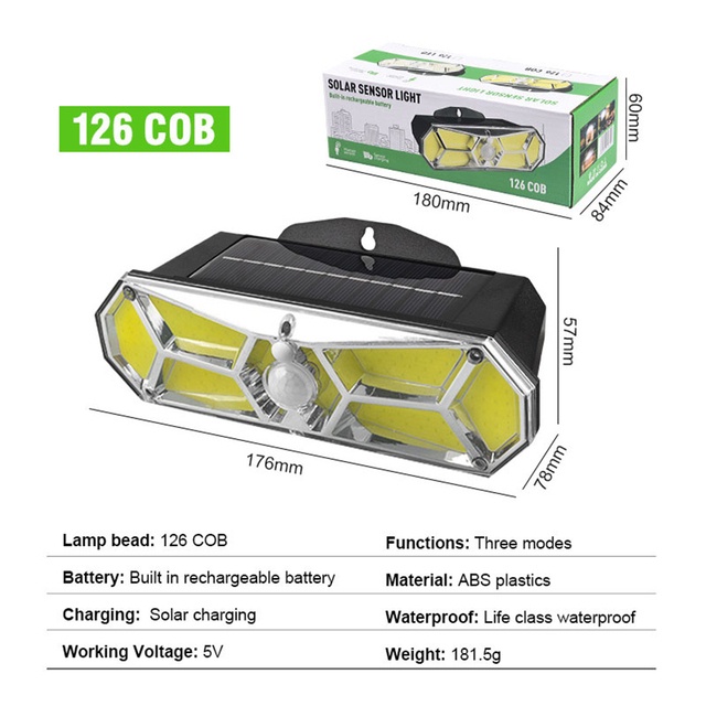 Đèn LED 126 Bóng / COB IP65 3 Kiểu Gắn Tường Năng Lượng Mặt Trời Chống Thấm Nước Cảm Biến Chuyển Động PIR Cho Sân Vườn