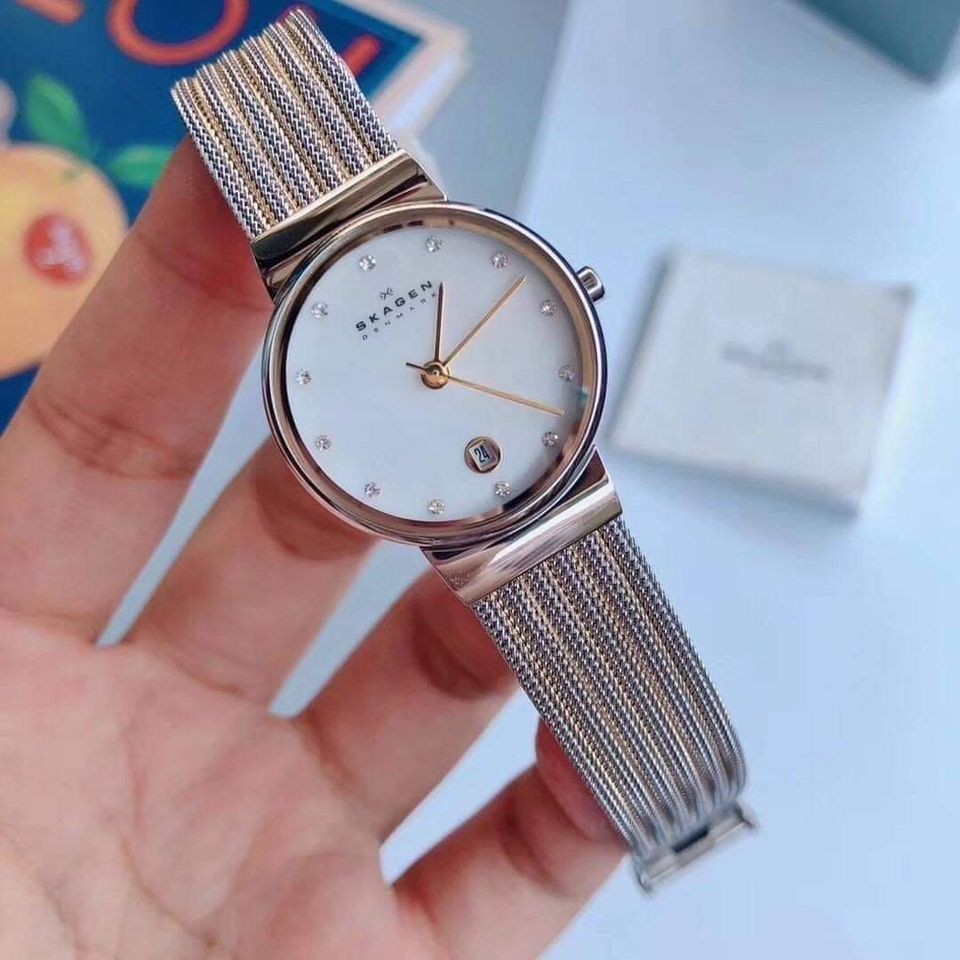 Đồng hồ Skagen 355SSGS nữ mặt bạc dây bạch kim vàng