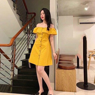 Đầm Vàng Trễ Vai Nút Gỗ XT ( KÈM ẢNH THẬT)
