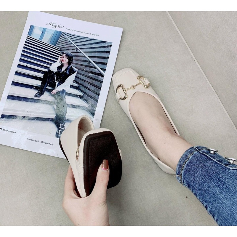 Giày bệt mũi vuông da lì nơ khoá vàng đế mềm, dẻo