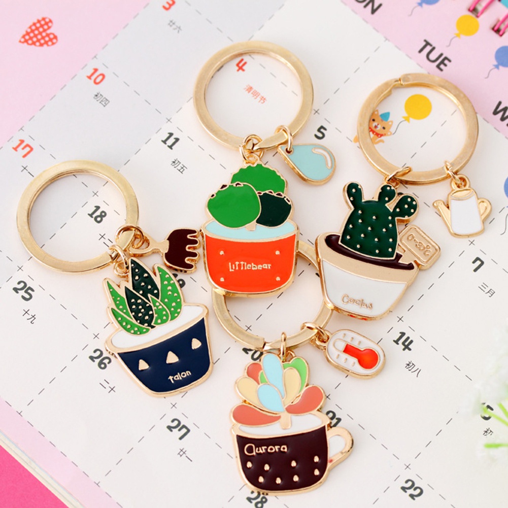 Móc Khóa Hình Chậu Cây Xương Rồng Tráng Men Độc Đáo