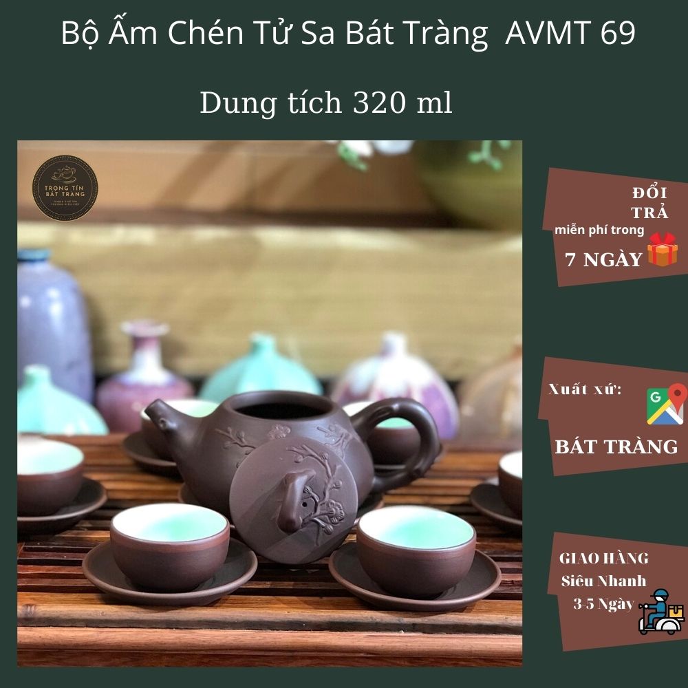 Bộ Ấm Chén Trà Đạo Gốm Tử Sa Bát Tràng Hoa Mai Dáng Thạch Biều Dung Tích 320ml (Bộ Ấm Chén) AVMT 69
