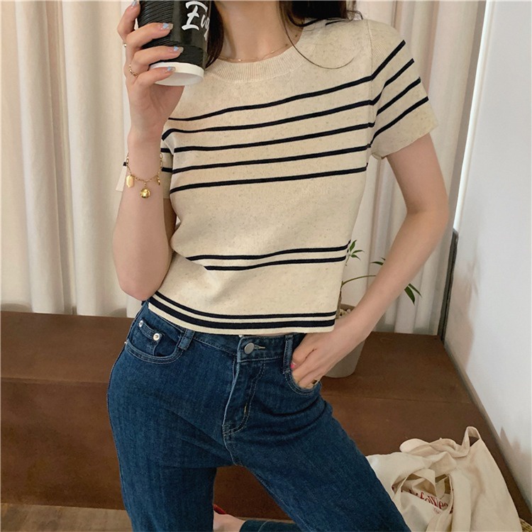Áo Croptop Dệt Kim Mỏng Ngắn Tay Kẻ Sọc Thời Trang Mùa Hè Cho Nữ
