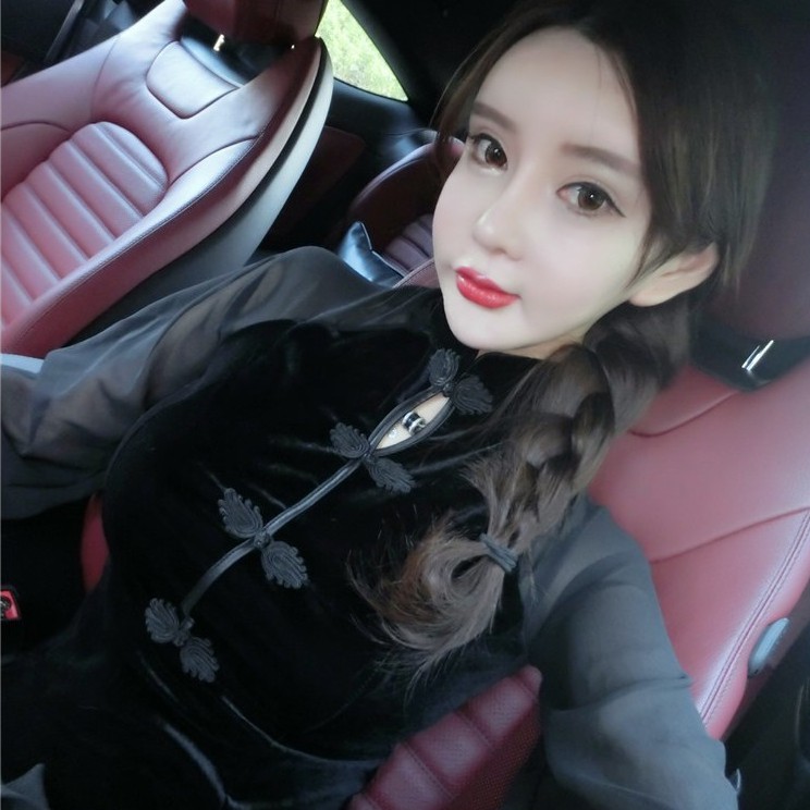 Đầm đen dáng xòe cổ tàu nữ tay dài Emilyshop