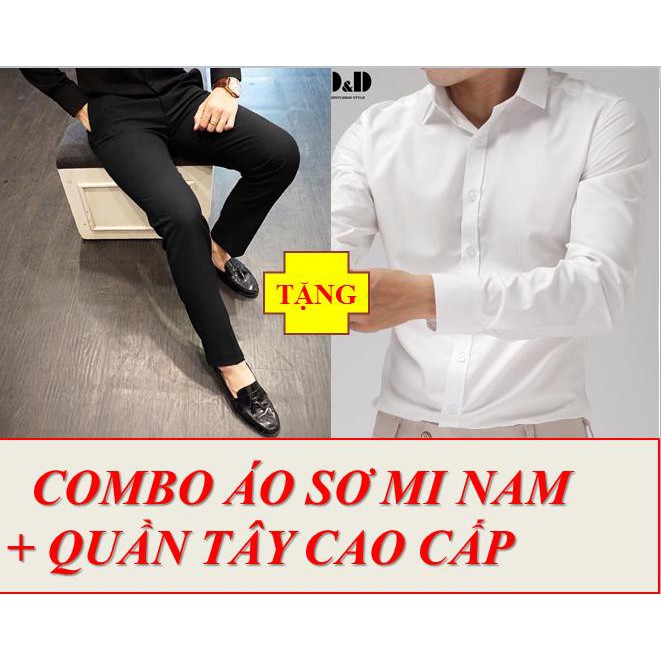COMBO ÁO SƠ MI TRẮNG TRƠN + QUẦN KAKI ĐEN NAM THỜI TRANG CAO CẤP