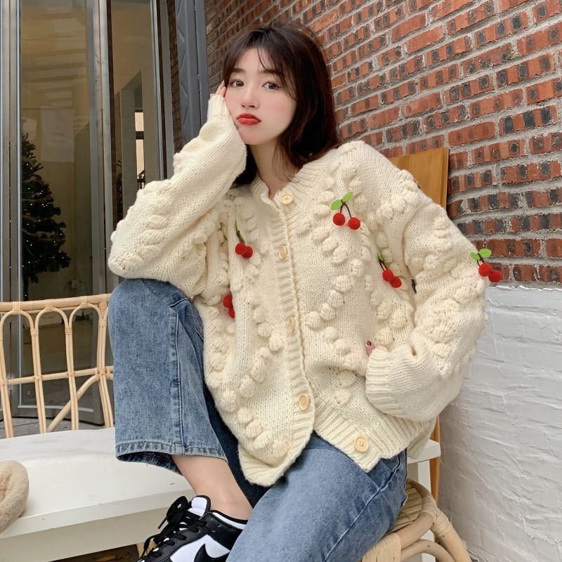 Áo Khoác Cardigan Len Đan Hình Quả Cherry 🍒 Siêu Dễ Thương Phong Cách Hàn Quốc