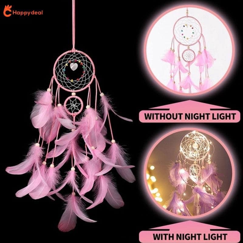 Dreamcatcher Đính Lông Vũ Trang Trí Vintage ( Có Đèn Led Phát Sáng)- Chọn Màu