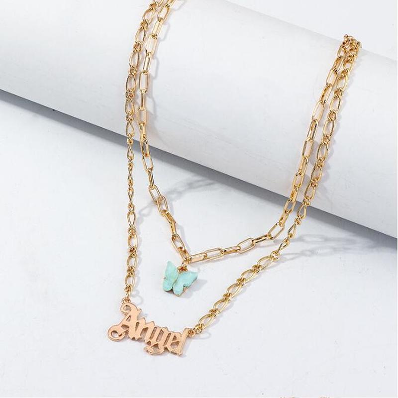 Roselife butterfly Babygirl  angle Double Layer Pendant Lover Letter Necklace for Women Fashion Jewelry