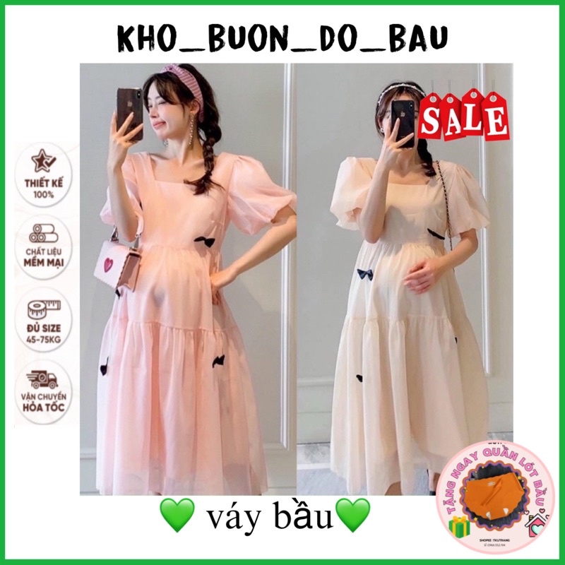 Đầm bầu tiểu thơ xinh xắn 2 lớp HOT TREND-Váy bầu babydoll dáng dài cổ vuông siêu xinh MinHa